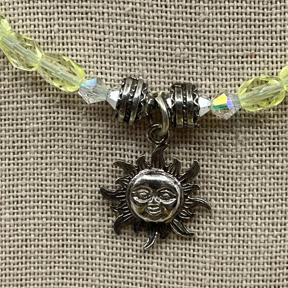Vintage Handmade Silver Sun Pendant Necklace with Green Faceted Crystals